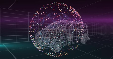 Poster - Upon particle convergence in 3D, wireframe car emerging as magenta beam scans to showcase design