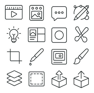 Content creation icon collection. media, design, editing tools flat icons: video, image, pen, text, upload