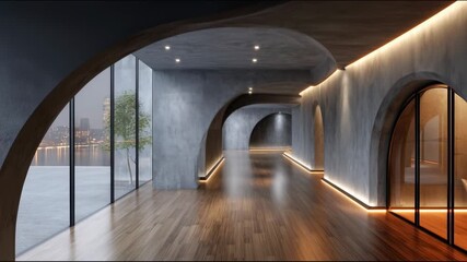 Poster - A modern, minimalist corridor with high arched concrete passages illuminated by linear lighting, large panoramic windows overlooking the cityscape with a pond