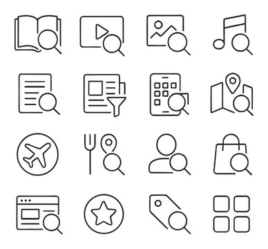 Search icon collection. minimalistic line style search, book, video, image, music, map