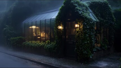 Poster - A cozy, ivy-covered building during a rainy, windy day