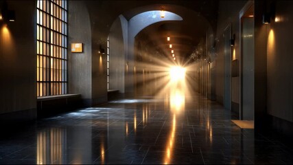 Poster - A long dark corridor with a bright light at the end reflecting on the floor