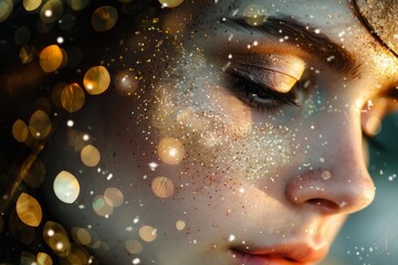 Poster - Close up of a beautiful model with golden glitter makeup, surrounded by festive bokeh lights, creating a magical and glamorous atmosphere