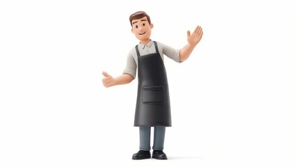 Poster - Cheerful Cartoon Man in Apron Welcoming with Open Arms on White Background