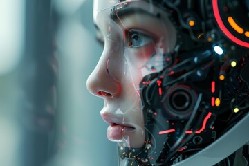 Poster - Profile of woman with high tech helmet featuring augmented reality, artificial intelligence and virtual reality