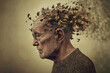 © All in Stock - Abstract representation of Alzheimer's disease: an elderly man's mind deteriorating into falling leaves, symbolizing memory loss and cognitive decline.