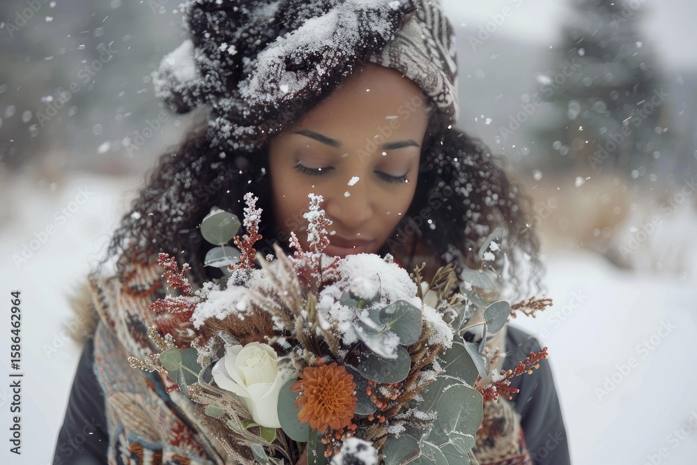 Beautiful young woman smelling a bouquet of flowers with closed eyes ...