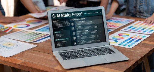 Poster - AI ethics responsibility standard law and rules on computer screen provide report of AI ethic transparency preventing technology crime. brisk