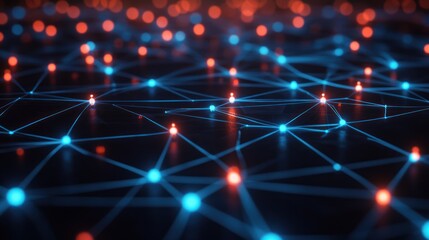 Wall Mural - Abstract network of interconnected blue and red nodes glowing on a dark background