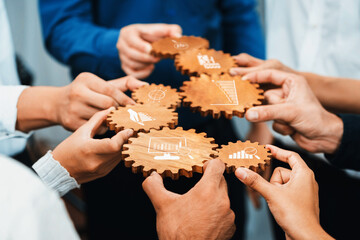 Poster - Collaborative Business Analytics: Teamwork Concept with Wooden Gears Illustrating Data Analysis, Strategies, Growth, and Technology Integration. Amity