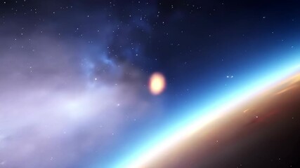 Wall Mural - Bright sun casts brilliant glow on distant planet atmosphere and sprawling starry universe