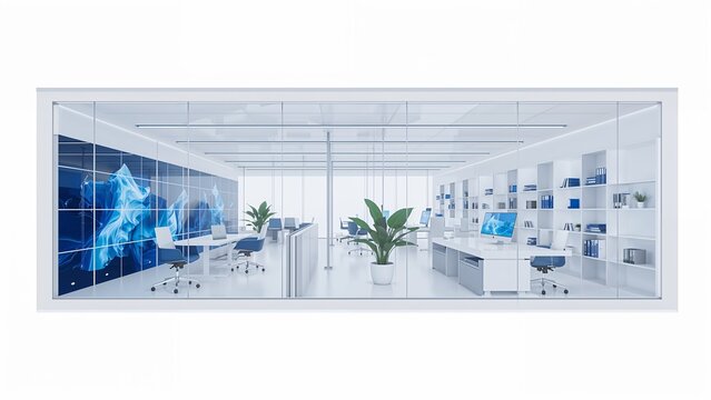 Modern office interior with glass walls and blue accents featuring collaborative workspaces and abstract digital artwork