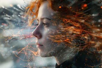 Poster - Profile of a young woman combined with glowing lines and dots, symbolizing artificial intelligence and neural networks