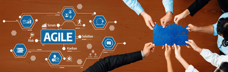 Poster - A diverse group of professionals collaborates on a puzzle representing agile methodology with concepts like Scrum and Kanban, emphasizing teamwork and innovative solutions. Amity