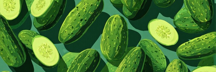 Poster - Cucumbers Arranged in Flat Art With Textured Shadows on a Solid Green Background, Showcasing Their Fresh and Inviting Appearance