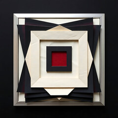 Poster - A layered abstract design with square frames and geometric shapes in black, white, and silver tones