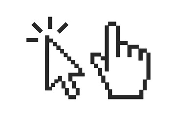 Fototapete - Pixelated mouse cursors set with hand and arrow. Computer pointers with click effect for web interface design. Retro 8-bit graphic style icons. Vector illustration isolated.