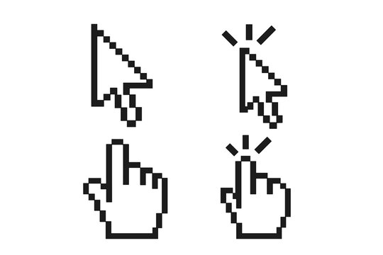 Cursor icon set in pixel art style. Vector illustration of mouse pointers, including arrow and hand cursors for clicking. Computer GUI elements for web design and navigation.
