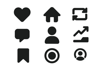 Heart Like Love Home Repost Comment Follower Share Save User Story Button Icon Set. Social Media Notification UI Vector. Modern Black Symbol Collection for Web and App Isolated Transparent