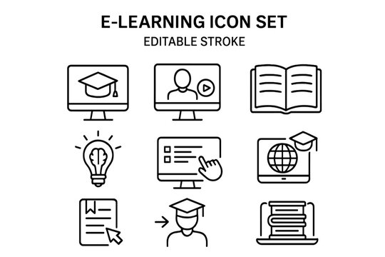 E-learning and online education editable stroke line icon set. Symbols for distance learning, webinar, digital course, online university, graduation, knowledge, and study.