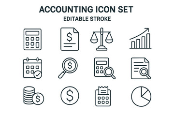 Poster - Accounting icon set. Finance, bookkeeping, audit, tax, budget, money thin line icons. Editable stroke vector for financial report, analysis, investment, and savings.