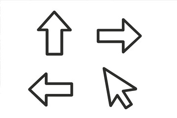 Fototapete - Arrow icon set in simple line style. Collection of black directional signs for web and mobile app design. UI, UX elements including up, down, left, right, and cursor pointer.