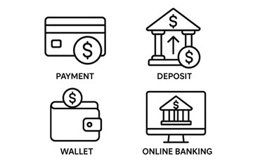 Leinwandbilder - Bank and finance web icons set. Linear icon collection of money symbols. Thin line style pictogram pack. Payment, deposit, wallet, online banking concepts for website.