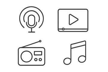 Leinwandbilder - Audio video icon set. Thin line style collection for web and mobile app design. Music, podcast, radio, song, and media player symbols. Vector graphic pictogram for UI UX.