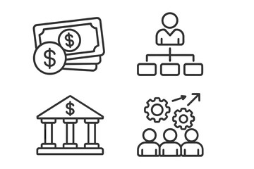 Poster - Business and finance icon set. Line art vector collection with money, bank, payment, team management, corporate hierarchy, business process, strategy, and workflow symbols.