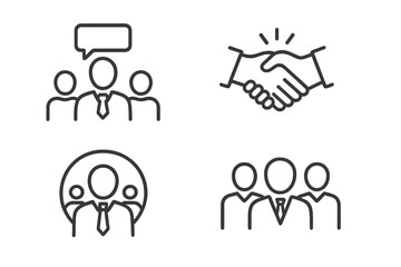 Poster - Business people line icon set. Teamwork, management, corporate communication symbols. Vector icons for web and mobile apps, including handshake, agreement and meeting.