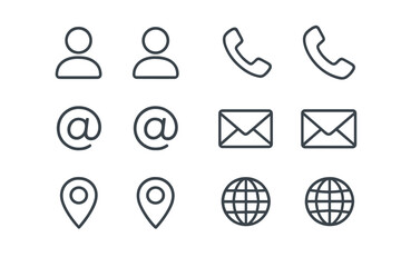 Leinwandbilder - Business card and website contact information icons. Thin line vector symbol collection for communication. User profile, phone call, email, letter, map pin location, and web icons.
