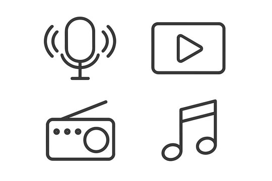 Set of 4 audio and video web icons in thin line style. Music, radio, podcast microphone, and video media player symbols for web design and mobile app interface. Vector.