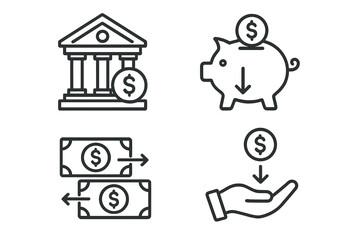 Poster - Finance and banking line icon set. Vector icons for deposit, savings, money transfer, payment, and investment. Concepts for business, economy, income, and currency exchange.