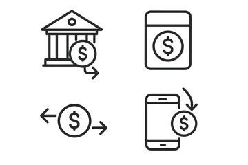 Poster - Finance and banking line icon set. Vector symbols for money transfer, mobile payment, bank deposit, savings account, online transaction, currency exchange, financial app.