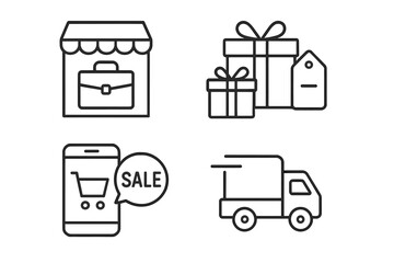 Leinwandbilder - E-commerce online shopping icon set. Thin line style vector icons for web and mobile app. Business storefront, gift present, mobile sale, fast delivery truck. Digital marketing.