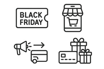 Aufkleber - E-commerce and shopping icon set in thin line style. Vector web icons for mobile app. Black Friday sale, discount coupon, mobile shop, digital marketing, online payment.