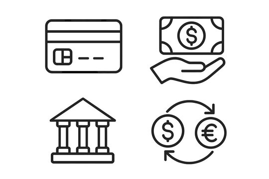 Finance and business icon set in thin line style. Vector concepts for web and mobile. Includes credit card, money, banking, currency exchange, cash and transaction symbols.