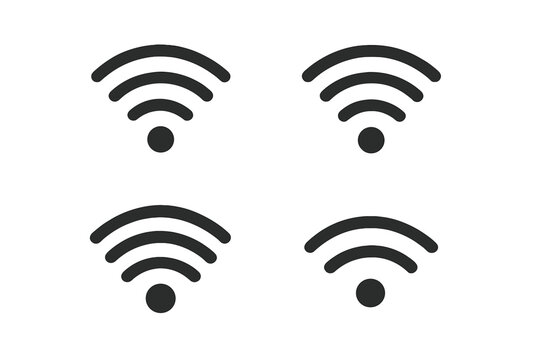 Black wifi icon set. Wireless internet signal strength symbol. Vector pictogram for web, app, and mobile interface design. Communication technology connection concept isolated.