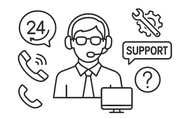 Poster - Hotline support service and call center vector icon set. Male operator with headset providing client consultation. Tech support symbols for customer assistance and helpdesk.