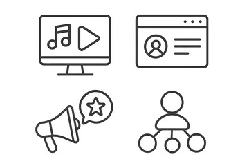 Leinwandbilder - Media and web icon collection. Thin line style symbols for social media, website, and mobile app. Vector icons for music streaming, user profile, marketing, and business network.