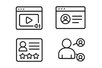 Leinwandbilder - Media and web icon set for UI and UX design. Social media marketing linear icons for website and mobile app. Symbols for video content, user profile, customer feedback, and social network connection.