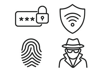Leinwandbilder - Cyber security icon set. Line style web icons for data protection and internet privacy. Includes password lock, fingerprint scan, wi-fi shield, and spy or hacker symbol.