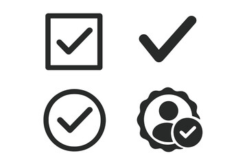 Fototapete - Set of check mark icons. Tick symbol in circle and square. Approved profile verification badge. Vector correct sign for checkbox, list, and vote. Yes, ok, and done.