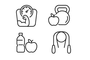 Aufkleber - Sport and fitness icon set. Line style web icons for gym and health care. Healthy lifestyle concept. Nutrition, dieting, training, body care, healthy food, workout vector.