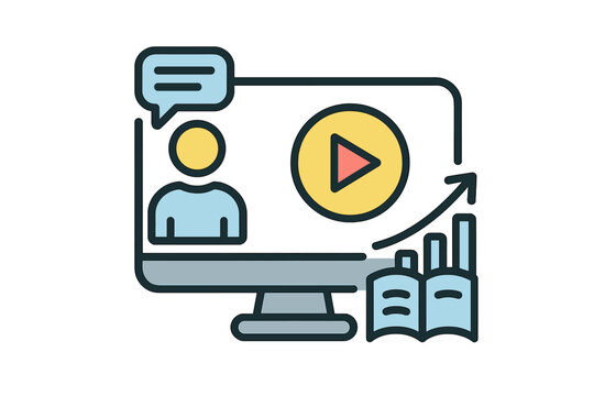 Online Video Tutorial and Webinar Icon Illustration for Distance Education, Virtual Learning, Knowledge Growth, Internet Conference, Study, E-Learning, Digital Course Concepts