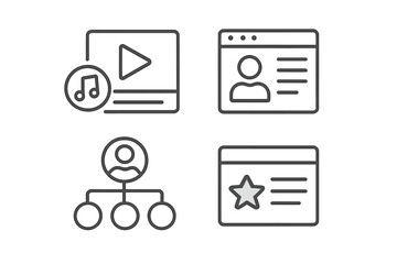 Leinwandbilder - Web and social media line icon set. Thin line icons for user interface design. Includes profile, network management, multimedia playlist, and favorite bookmark symbols.