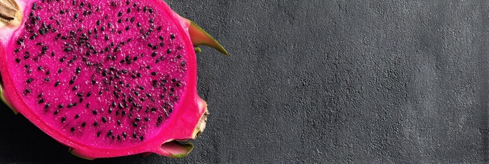 Poster - Vibrant Neon Pink Dragon Fruit Slice on a Charcoal Background, Creating a Striking Contrast With Empty Space on the Left
