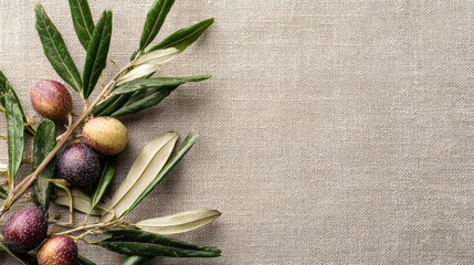 Poster - Olive Branches and Ripe Figs Arranged on Textured Linen for a Rustic Culinary Presentation