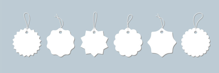 Poster - Minimalist white starburst scalloped hanging label set. Circle price tags isolated. Great for gift design, packaging, product labeling, marketing, ads, discount, business promotion, sale badge
