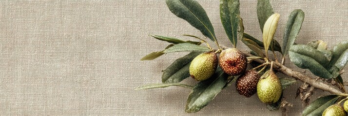 Poster - Olive Branches With Figs Arranged on Textured Linen Fabric Highlighting Natures Bounty and Simplicity